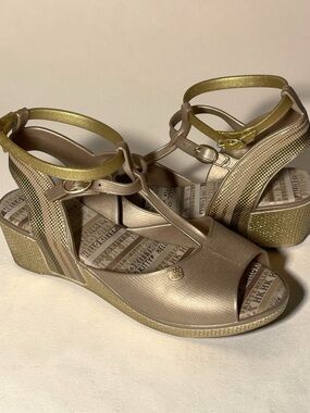 Hello Kitty Metallic Gold Wedge Sandals with Ankle Strap size 5